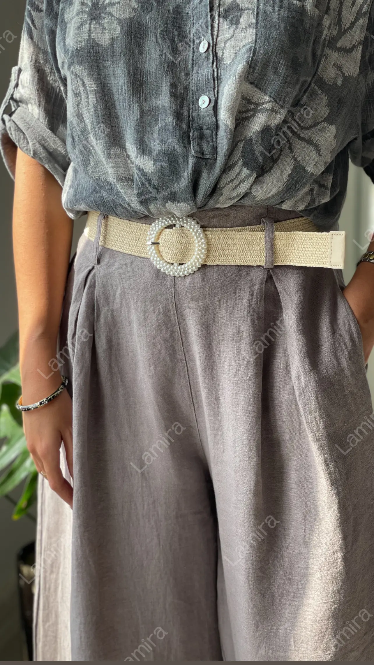 شلوار لینن ایتالیایی کمربند مرواریدی